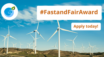 Test in orange that says #FastandFairAward and Apply Now! against the background of windmills